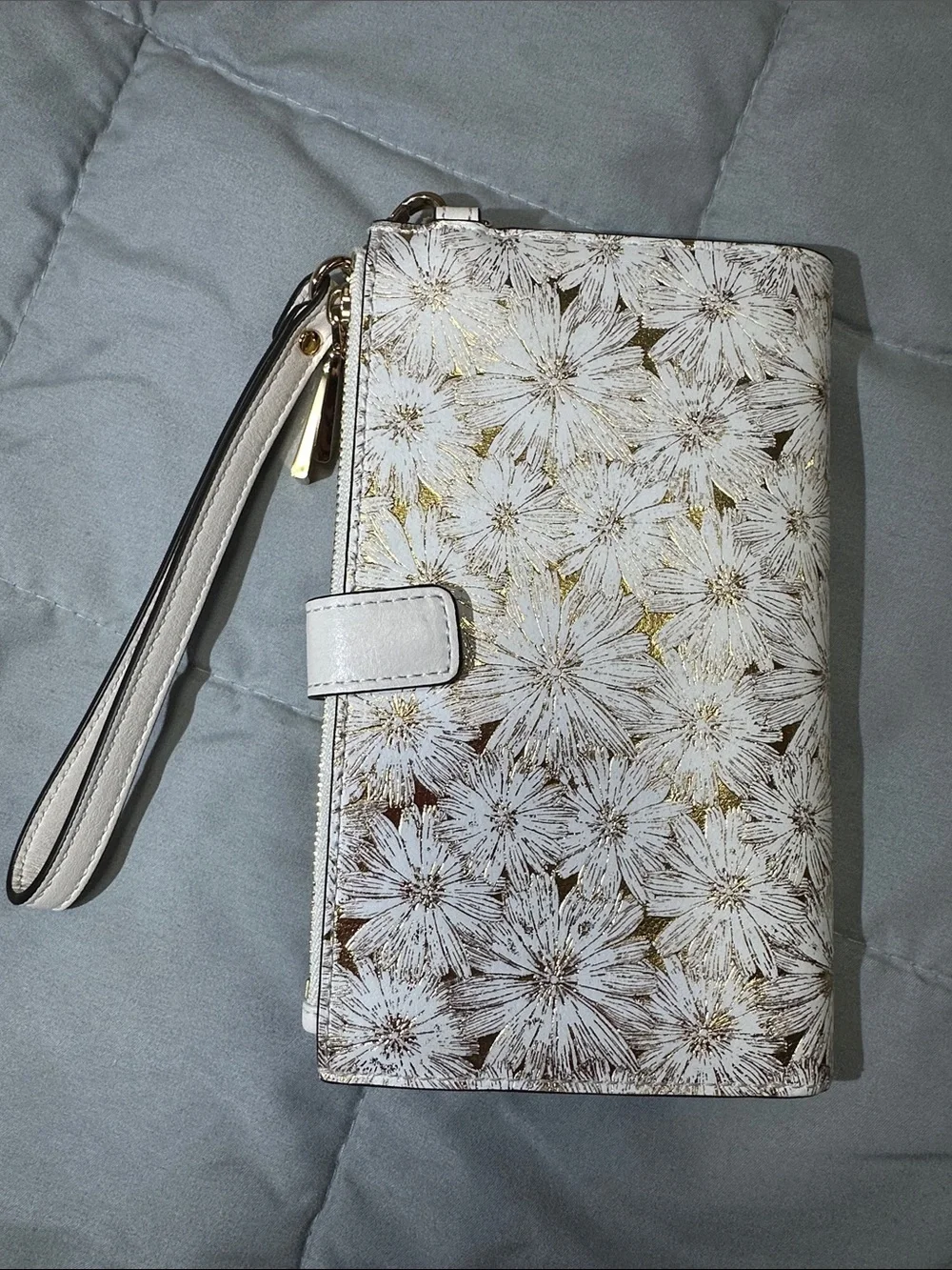 Michael Kors White Wristlet with Gold Floral Accents